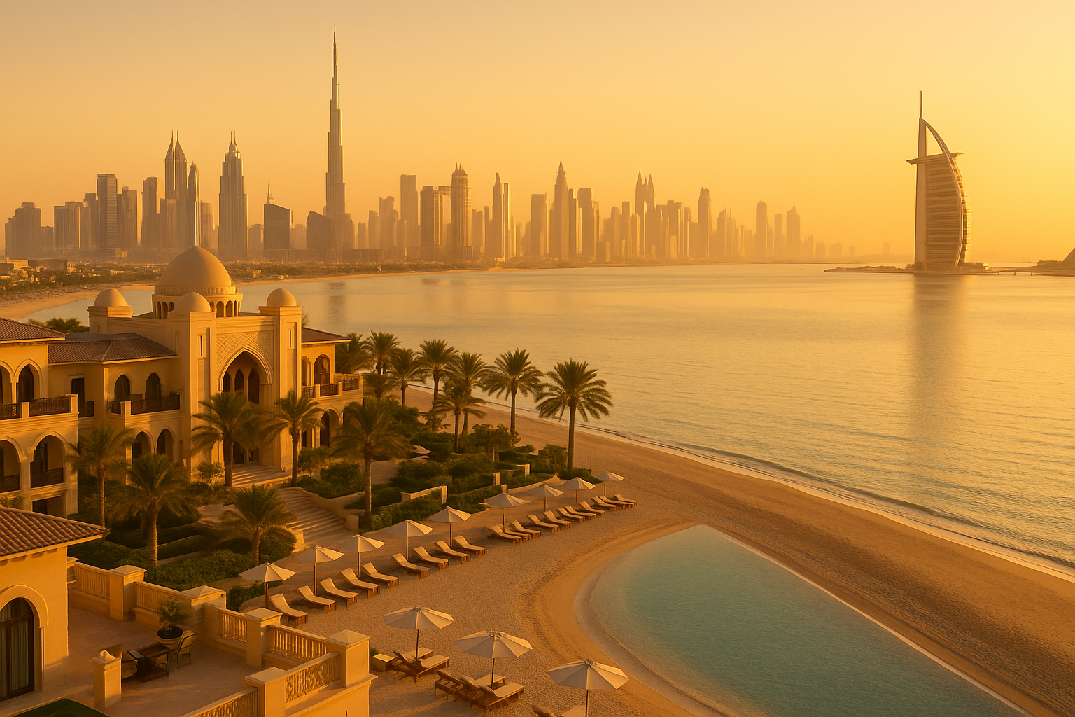 Dubai-inspirierte Resortarchitektur mit Palmen, Wasserachse und moderner Symmetrie