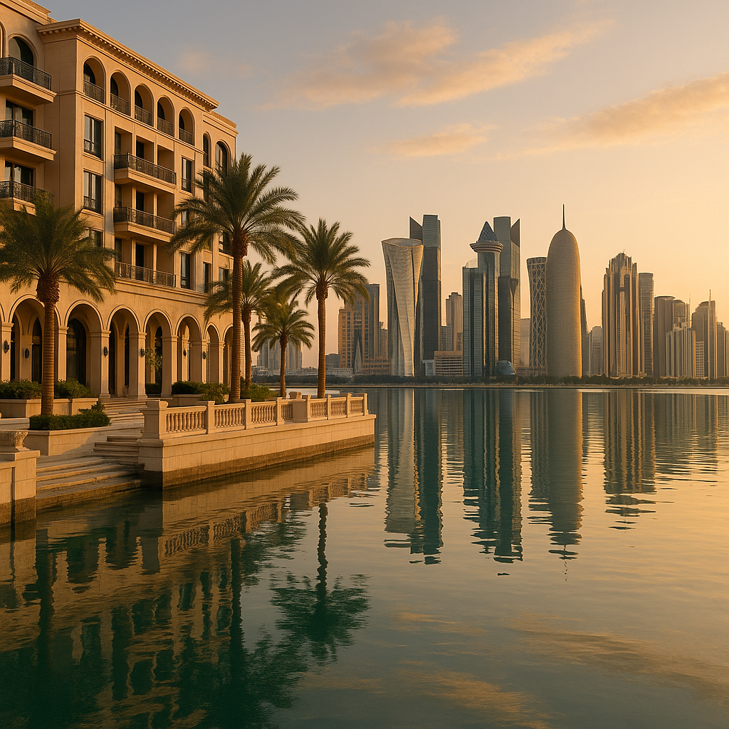 Katar-inspirierte moderne Waterfront-Architektur mit Palmen und Wasserbecken