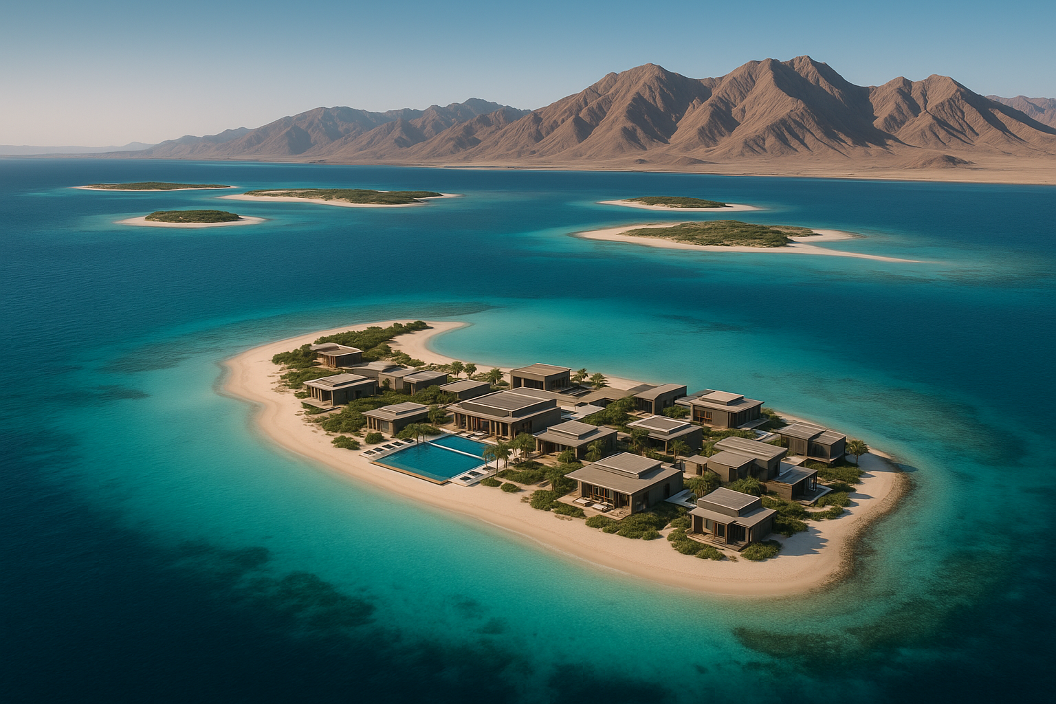 Saudi-Arabien-inspirierte Küstenlandschaft mit Wüstenbergen und luxuriösem Resortblick