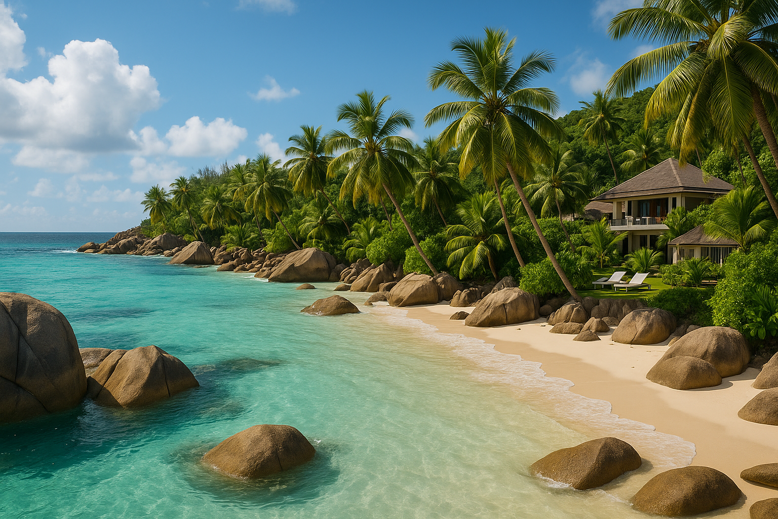 Seychellen Bucht mit Granitfelsen, Palmen und tropischem Grün